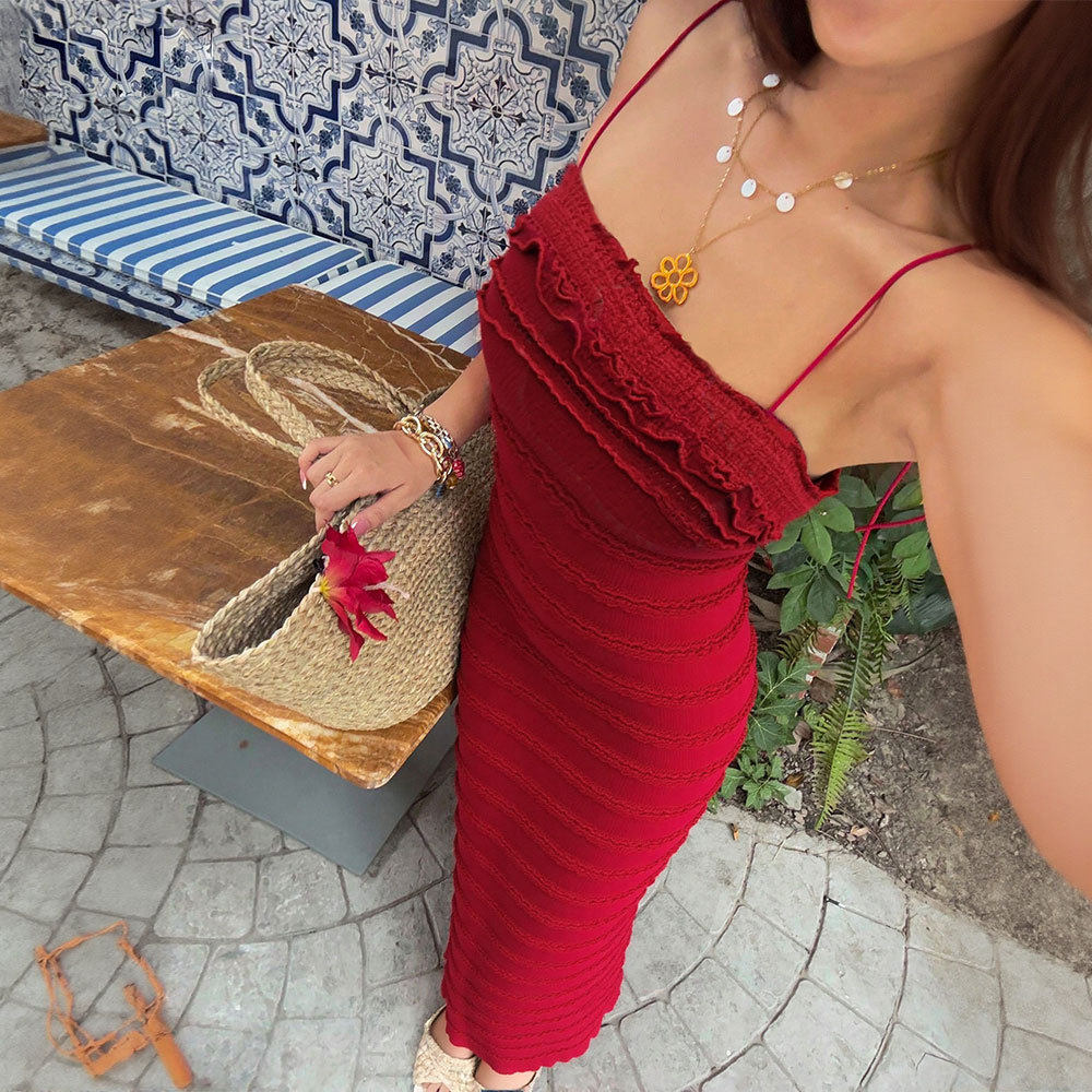 Red Lace Ruffled Cami Dress Slim Fit Elegant Design Unique Style Perfect for Parties and Special Occasions
