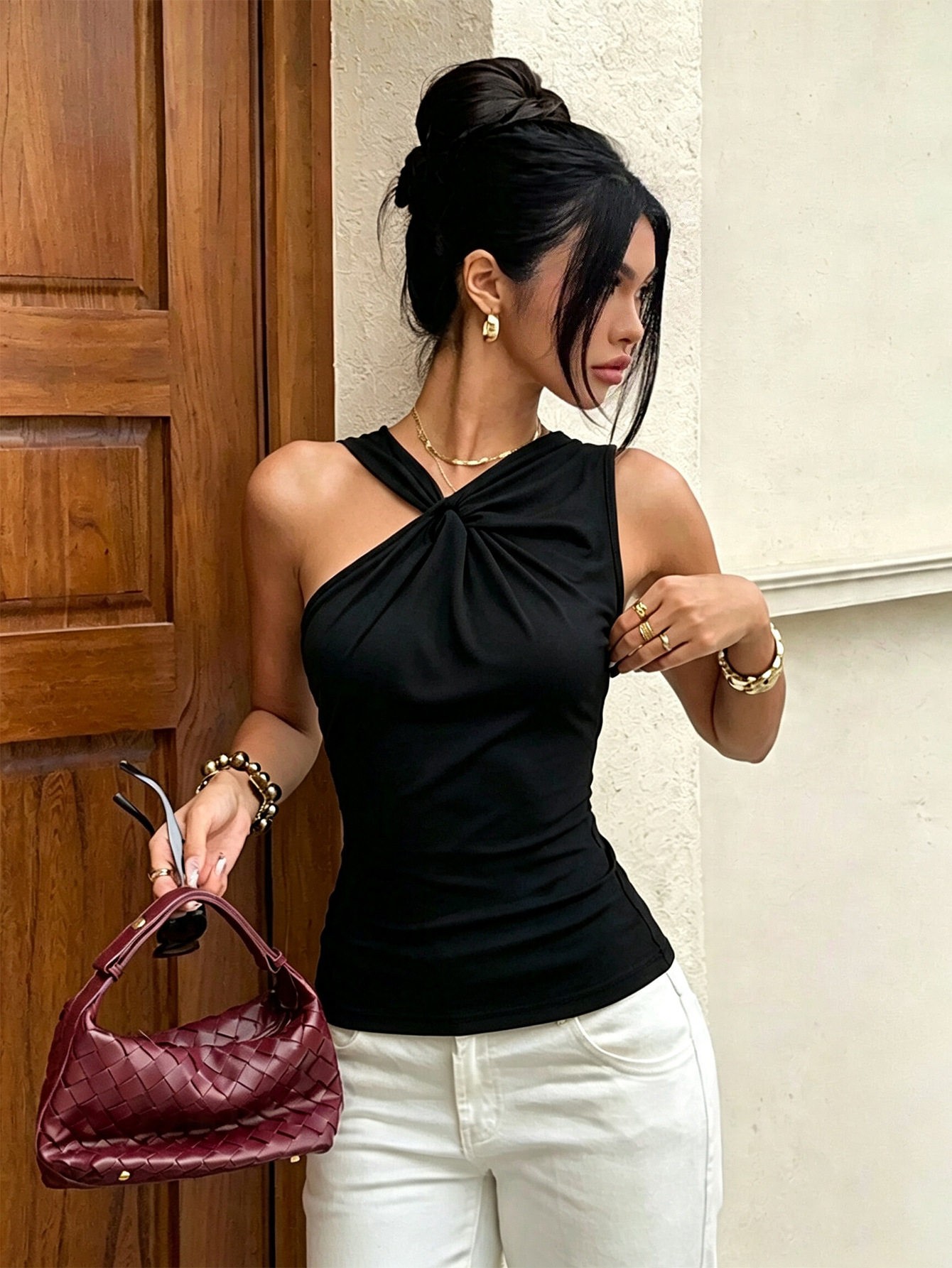 Twisted One Shoulder Sleeveless T Shirt for Women Summer Ruffled Slim Fit Solid Color Casual Wear Wholesale
