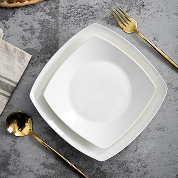 Wholesale Pure White Ceramic Square Plate, Flat Plate, Shallow Plate, Western Steak Plate, Pasta Plate, Gold-Rimmed Snack Dessert Plate
