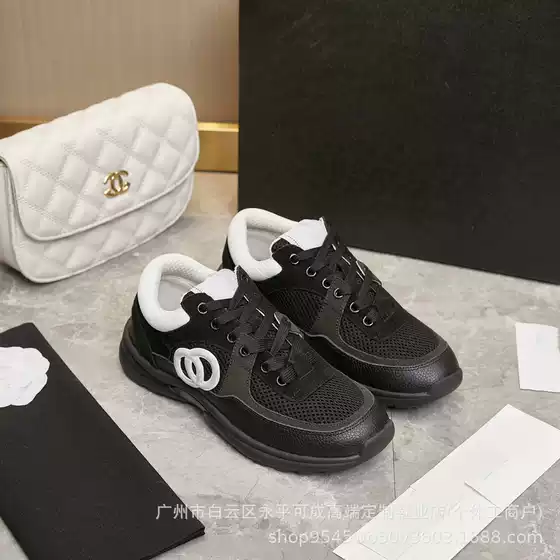 2023 New Style Chanel Style Lace-up Leather Colorblock sneaker Canvas Running Shoes for Couple Height Increase All-match Yoga Shoes