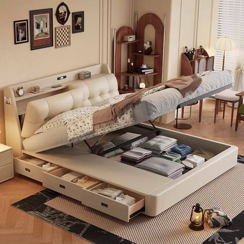 Light Luxury Genuine Leather Bed for Master Bedroom, High-End and Elegant, 1.8m Double Bed, Simple Multifunctional Storage Wedding Bed