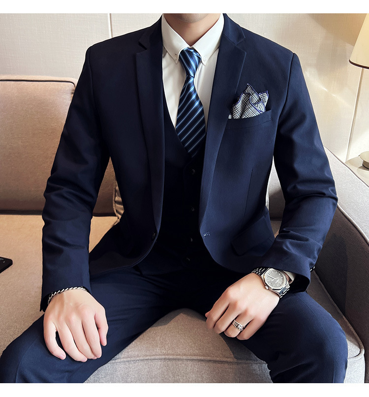 Bộ com-lê nam ba mảnh dáng ôm, áo vest một hàng khuy phong cách công sở — Màu xám (áo một nút + áo vest + quần), Màu xanh (áo một nút + áo vest + quần), Màu đen (áo một nút + áo vest + quần), Màu xanh navy (áo một nút + vest + quần)