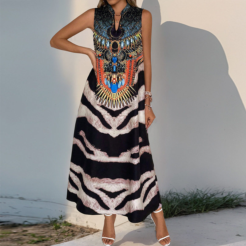 Vintage Style Sleeveless Zebra Print Dress Stand Collar Bohemian Design Elegant Look Perfect for Summer Events