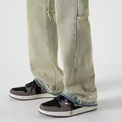 American Style Vintage Vibe Pants Ins High Street Trendy Washed Yellow Mud Dye Jeans Men's Loose Straight Micro-flared Pants