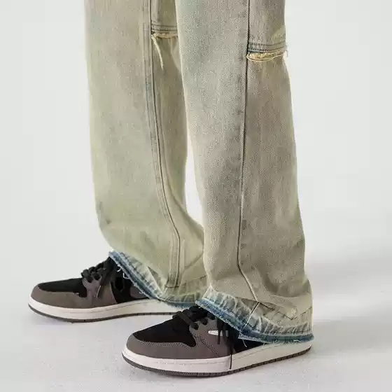American Style Vintage Vibe Pants Ins High Street Trendy Washed Yellow Mud Dye Jeans Men's Loose Straight Micro-flared Pants