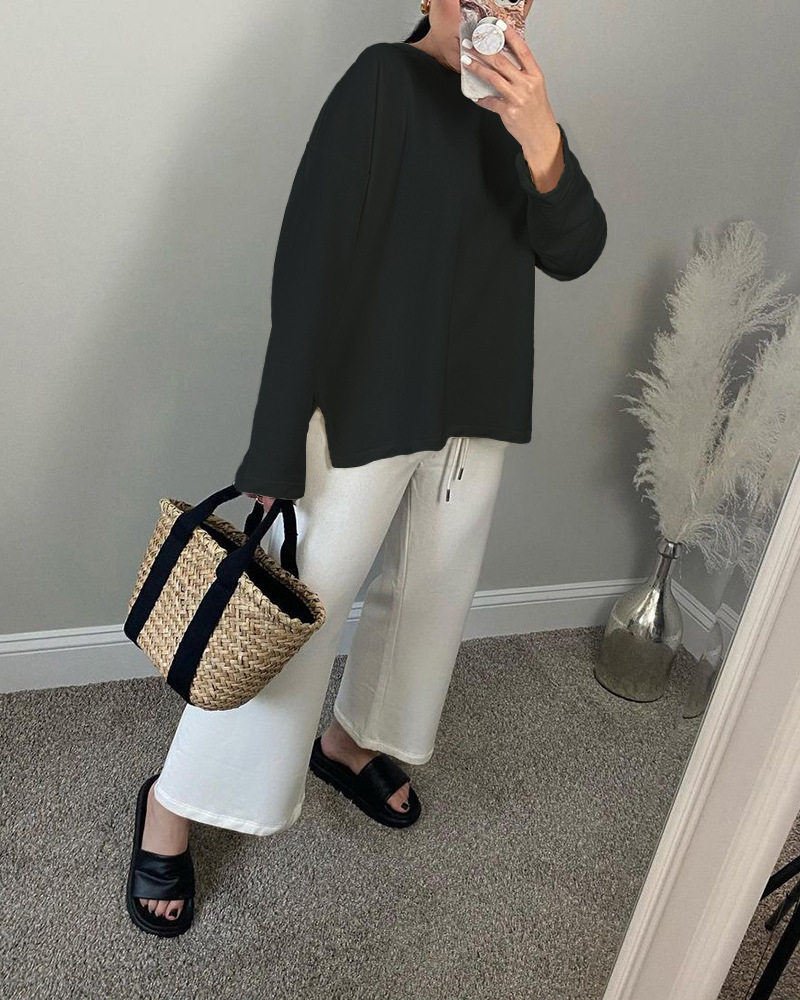 Loose Fit Long Sleeve Split T Shirt for Women 100 Cotton Solid Color Casual Style Spring Summer Collection