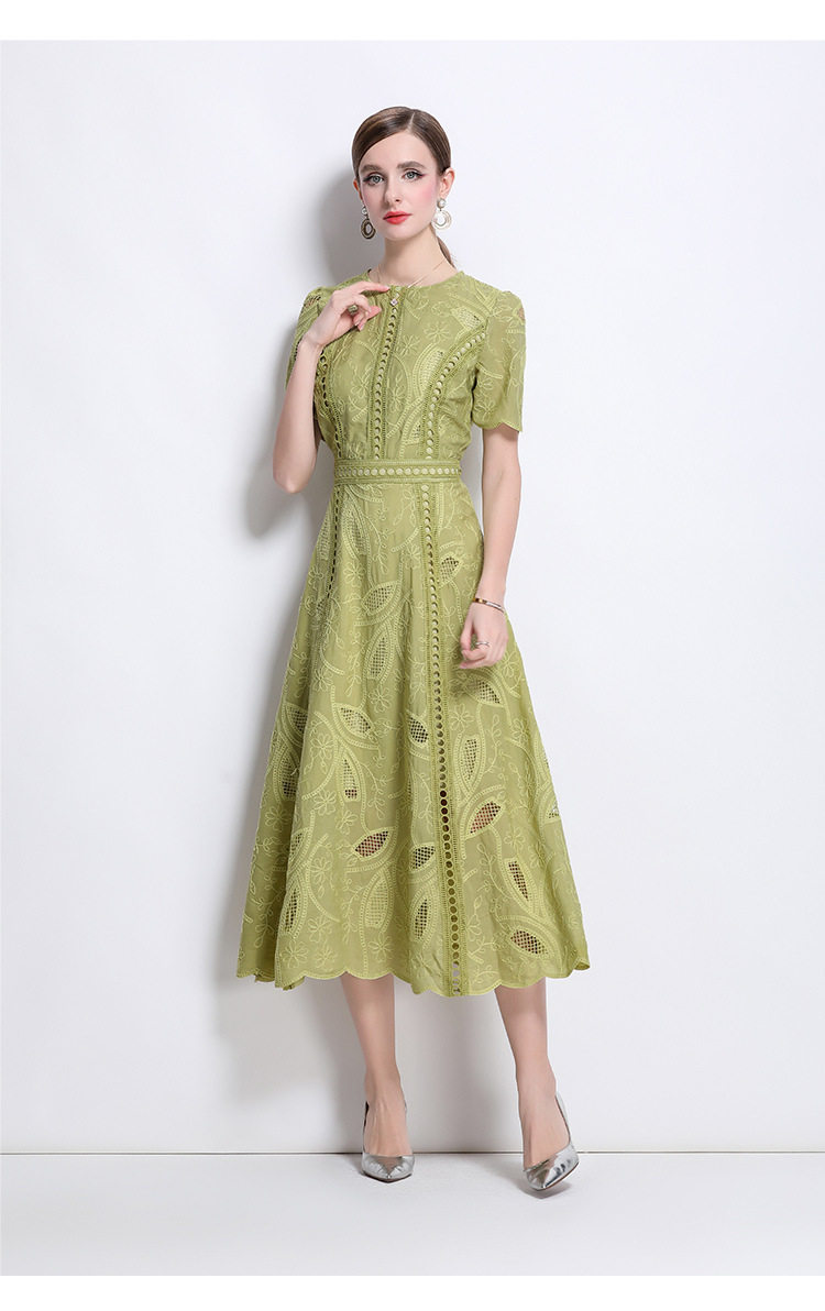 French Style Womens Dress Elegant Hollow Embroidery Waist Defining Slim Fit Summer Long Dress for Special Occasions