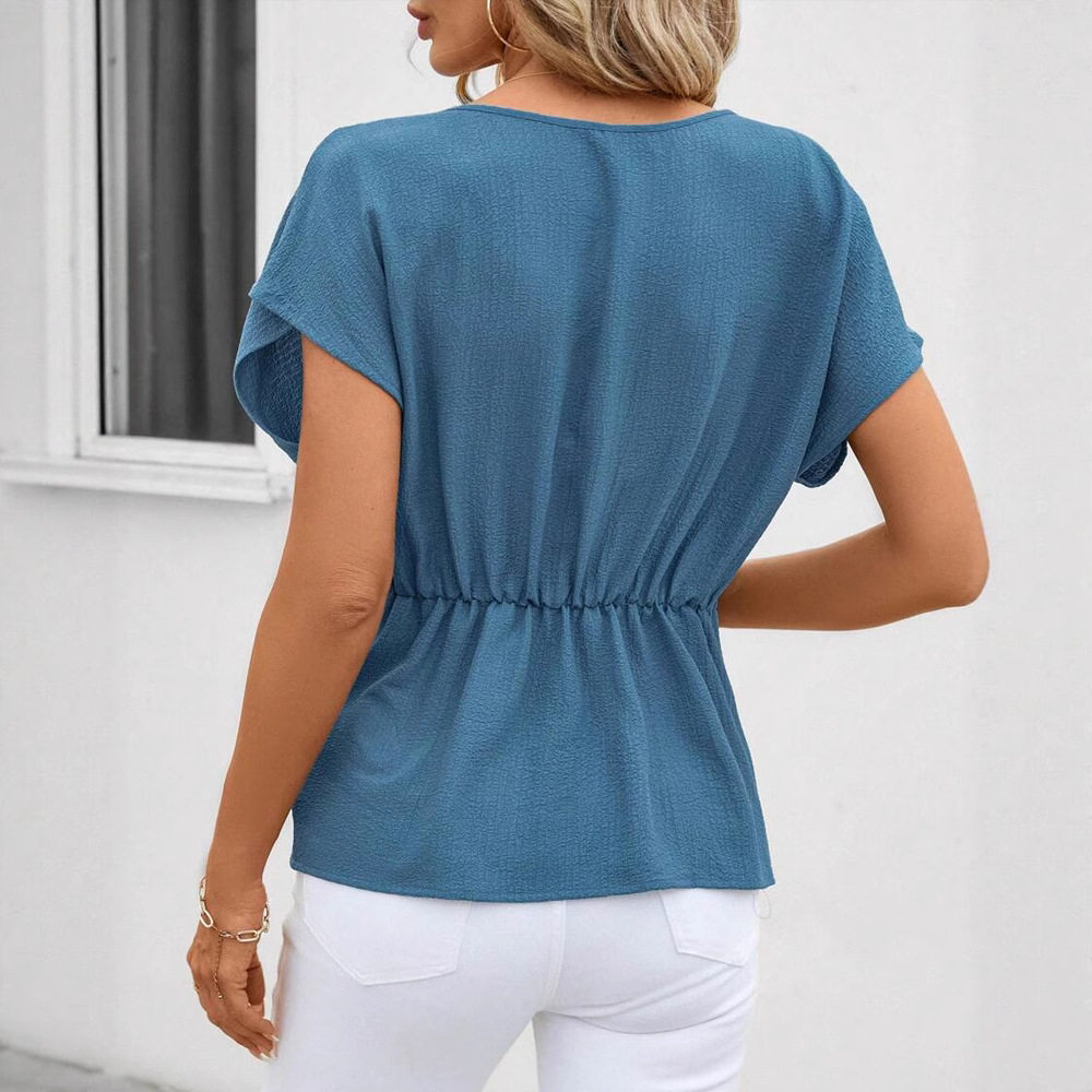 Asymmetrical Short Sleeve T Shirt Solid Color Round Neck Textured Fabric Casual Elegance for Everyday Wear