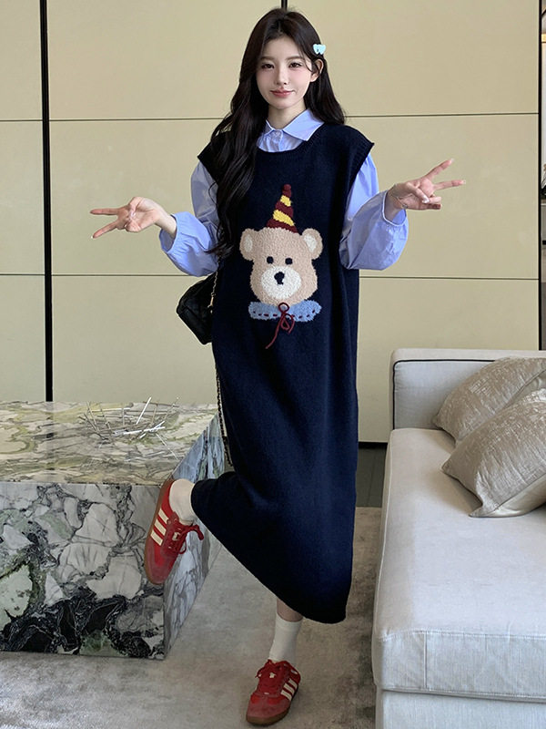 Jingqi Maternity Dress Set New Stylish Casual Loose Bear Suspender Skirt Shirt Two-Piece Set