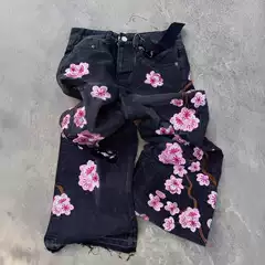 Popular European and American Retro Fashion Brand Cherry Blossom Embroidered Jeans for Men and Women, Y2K Harajuku Hip-Hop Ripped Straight-Leg Floor-Length Pants