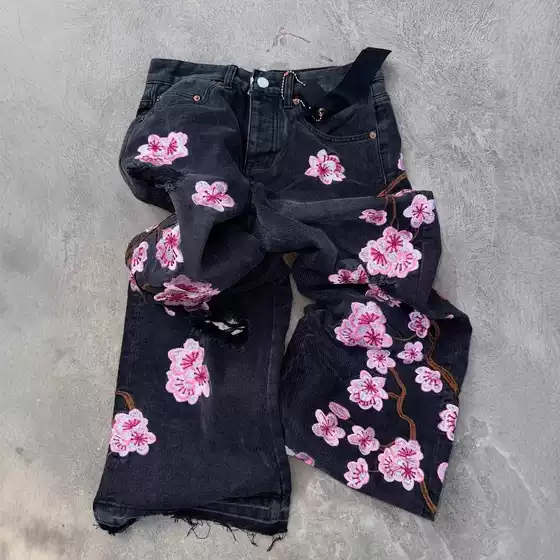 Popular European and American Retro Fashion Brand Cherry Blossom Embroidered Jeans for Men and Women, Y2K Harajuku Hip-Hop Ripped Straight-Leg Floor-Length Pants