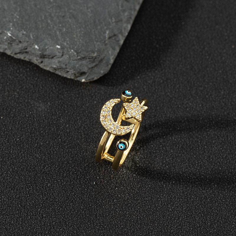 欧美跨境饰品货源铜锆石珐琅滴油戒指女邪恶之眼复古尾戒开口戒子