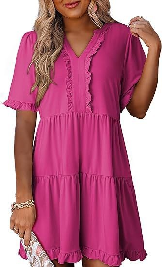 Loose Fit V Neck Short Sleeve Dress Solid Color Ruffle Hem Spring Summer Style Wholesale Available