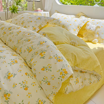 Cotton Printed Four-piece Set 100 Pure Cotton Bed Sheet Quilt Cover Three-piece Set Small Fresh Long-staple Cotton Mattress Bed Set