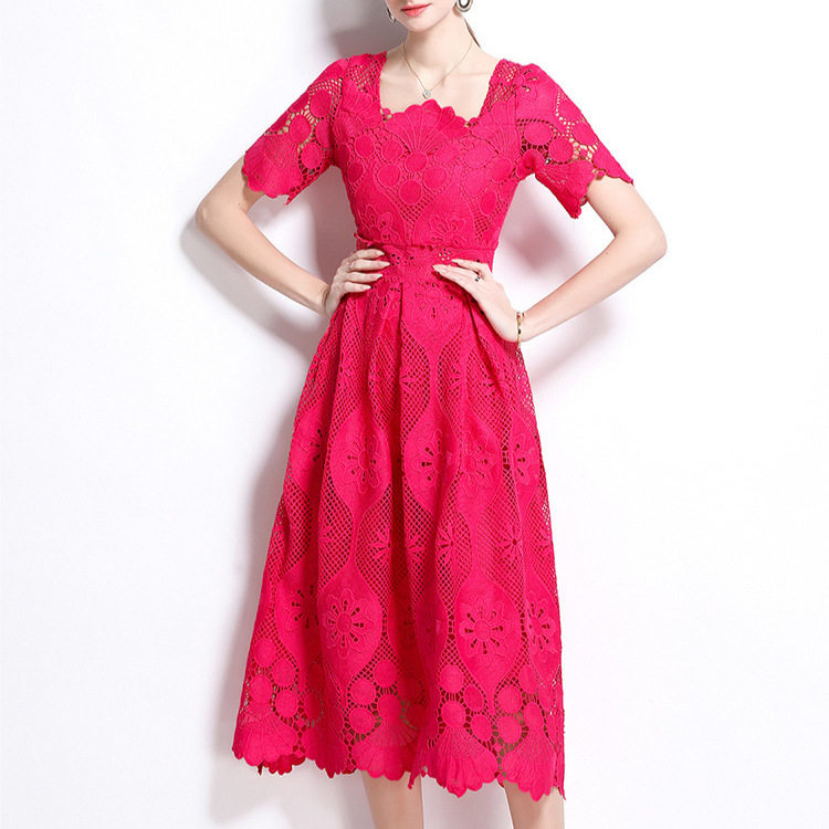 Elegant Short Sleeve Lace Dress for Women High End Fashion Hollow Out Waist Defining French Style Perfect for
