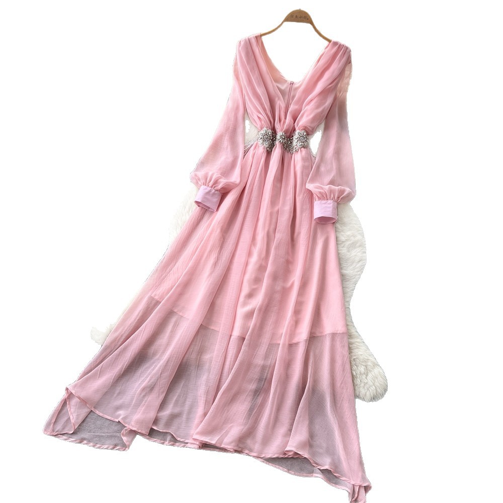 V Neck Lantern Sleeve Elegant Long Dress for Women with Waist Detail and Rhinestones in Red for Formal Occasions Wholesale