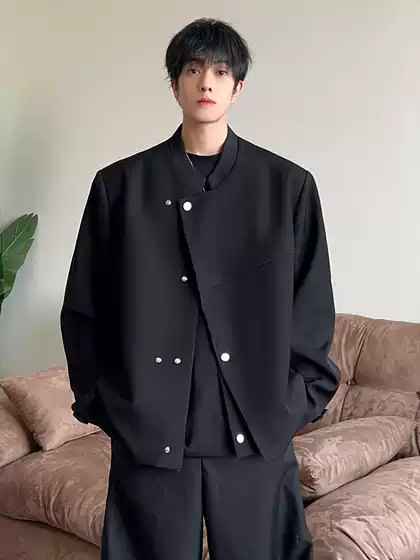 Men's New Chinese Style Notched-Lapel Blazer, Black Stand Collar, Short Casual Jacket for Spring/Autumn