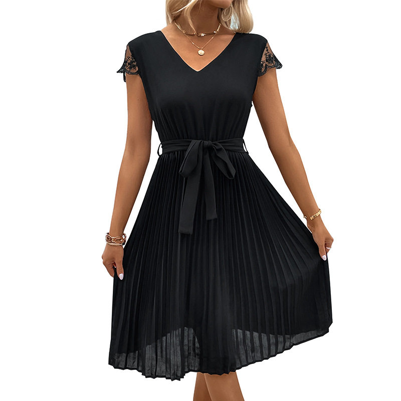 Summer Elegant Lace Pleated Dress Sweet Design Solid Color European and American Style Perfect for Parties and Events