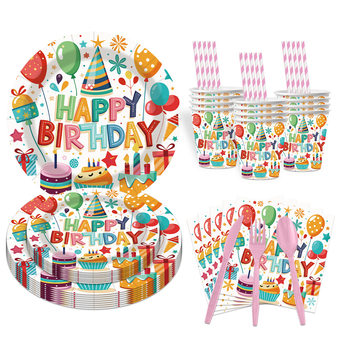 Happy Birthday Party Disposable Paper Tray Balloon Birthday Topper Cake Dinner Tray suit Picnic Place Layout