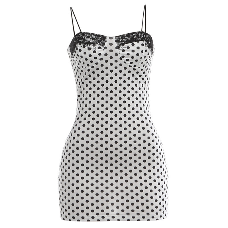 Summer Womens Bodycon Dress Sexy Lace Trim Polka Dot Print Spaghetti Straps Perfect for Parties and Night Out