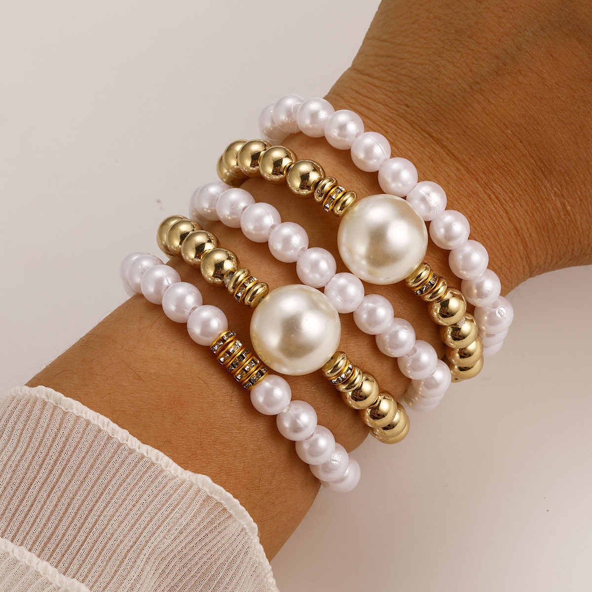 European and American Cross-Border New Fashion Exaggerated Imitation Pearl Ball Bracelet 5-Piece Stackable Creative Hand Jewelry Set
