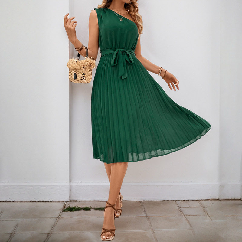 Elegant Asymmetrical Pleated Dress Solid Color One Shoulder Design Suitable for Parties Wholesale Available