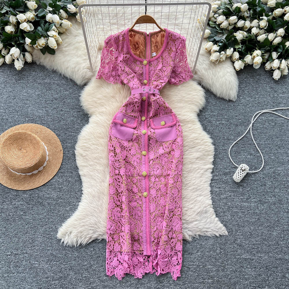 Lace A Line Dress Elegant Hollow Design Square Neck Metal Buckle Slim Fit Summer Cocktail or Evening Wear