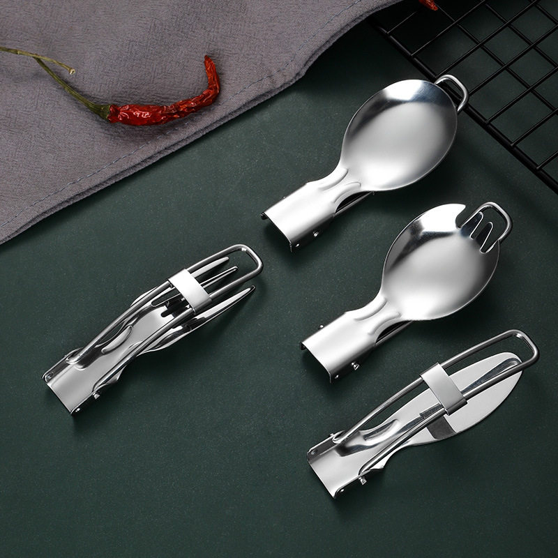 Creative Foldableing Spoon Portable Tableware 304 Stainless Steel Tableware Set Three-Piece Student Outdoor Foldableing Tableware