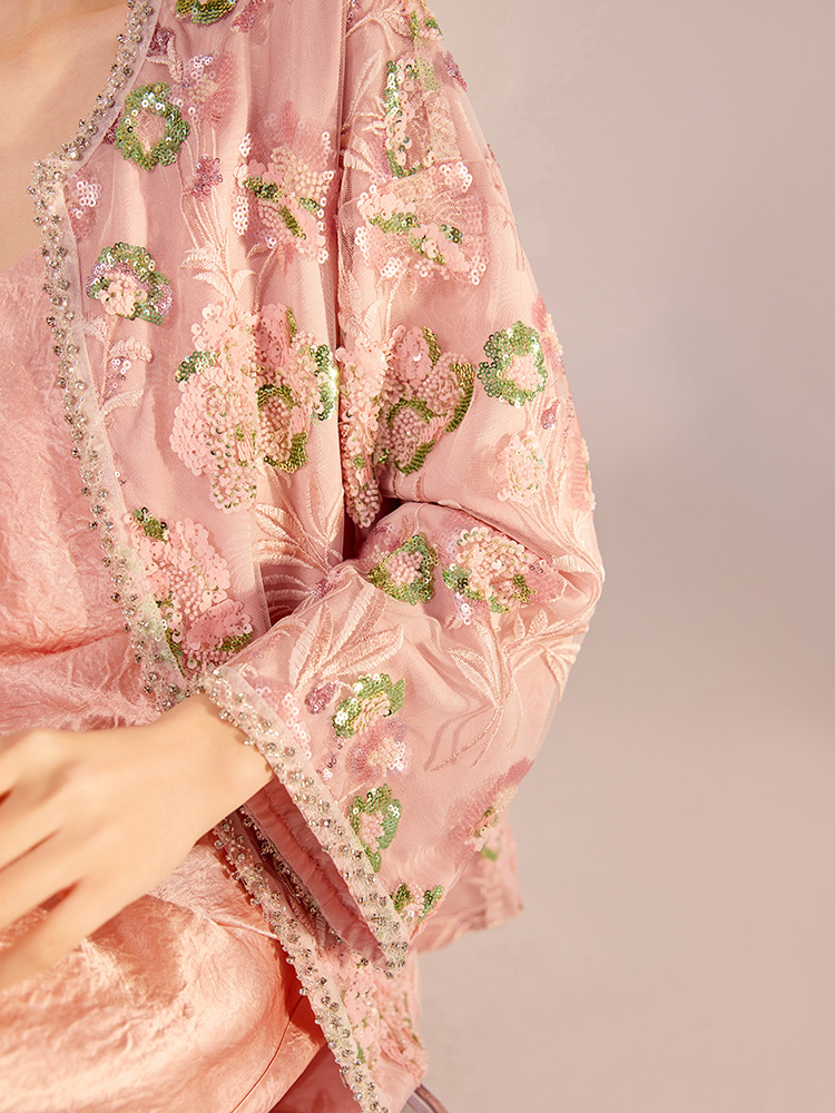 Áo khoác nữ dài tay thêu nổi bật đính cườm sequin — Màu hồng