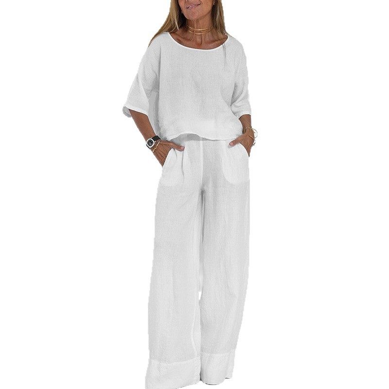 Cross-Border Amazon Aliexpress European and American Casual Fashion Pocket Trousers Summer and Autumn Short-Sleeved Tops Pullover Suit