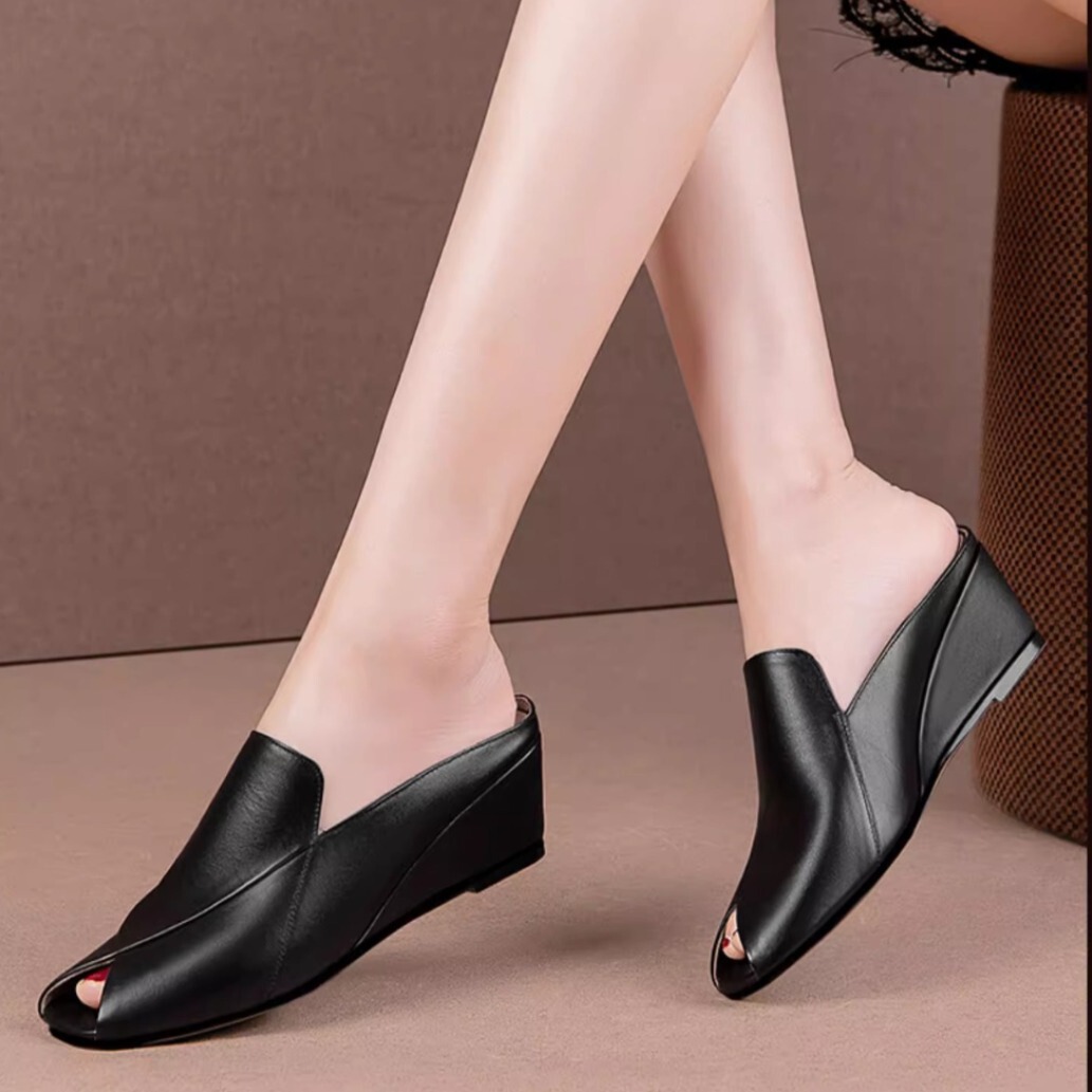 Dép sandal nữ mũi hở gót nêm 5cm phong cách tối giản, quai ngang dễ mang hằng ngày — Màu đen, Màu trắng be