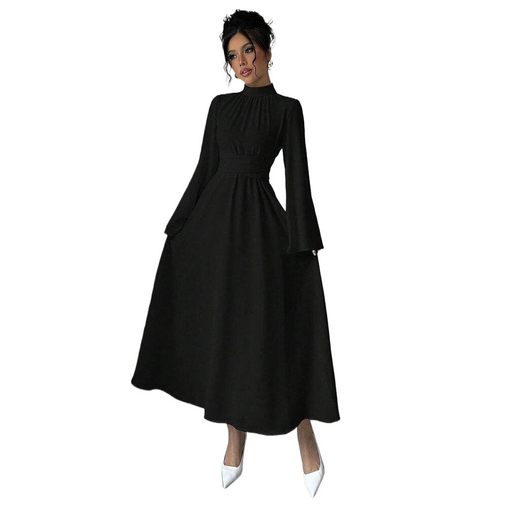 Black Long Sleeve Dress Vintage Style Waist Defining Flared Sleeves Spring Summer Occasion Wholesale Available