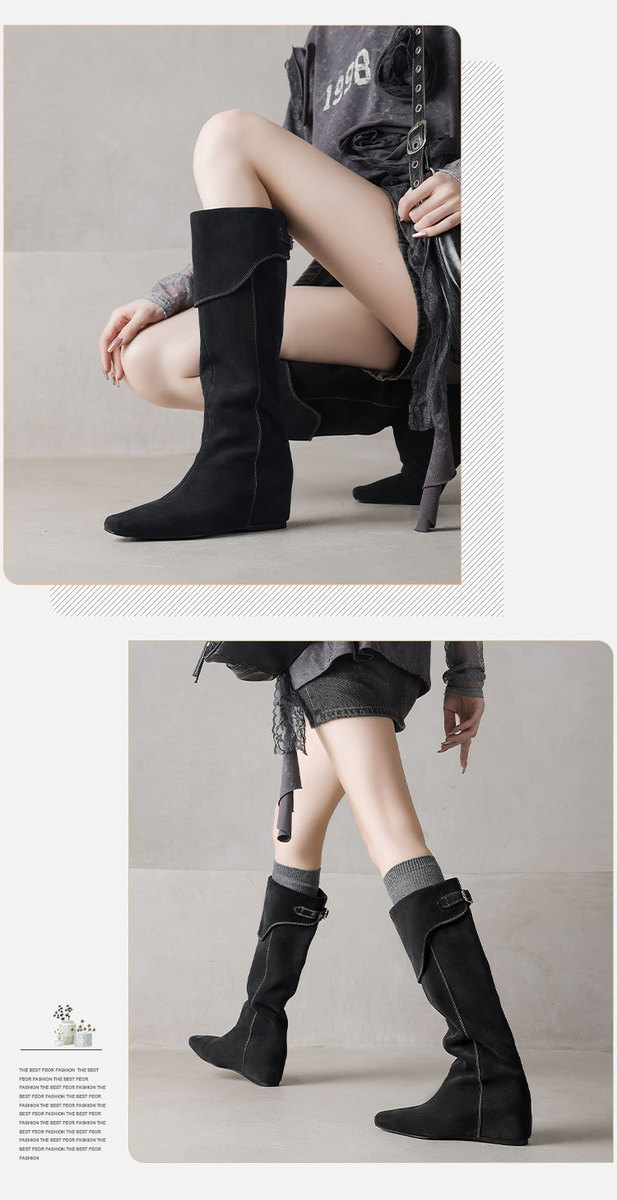 Boot nữ cổ cao da lộn mũi vuông đế xuồng tôn chiều cao — Màu nâu, xanh xám
