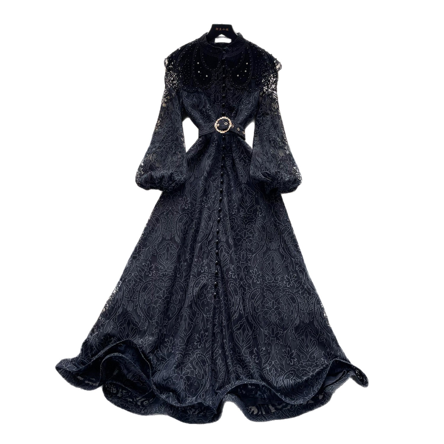 Elegant French Lace Long Sleeve Dress Fitted Waist A Line Silhouette High End Style Perfect for Commuting and Special