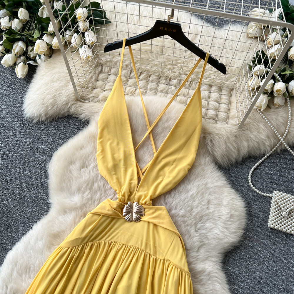 Yellow V Neck Halter Maxi Dress for Women Summer Vacation Style Slim Fit A Line Silhouette Beachwear Wholesale