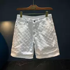 Light Blue Chanel-Style Jacquard Denim Shorts for Men, Summer American Retro Washed Wide-Leg Shorts, 4/5 Length