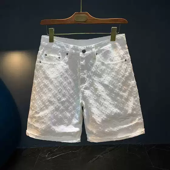 Light Blue Chanel-Style Jacquard Denim Shorts for Men, Summer American Retro Washed Wide-Leg Shorts, 4/5 Length
