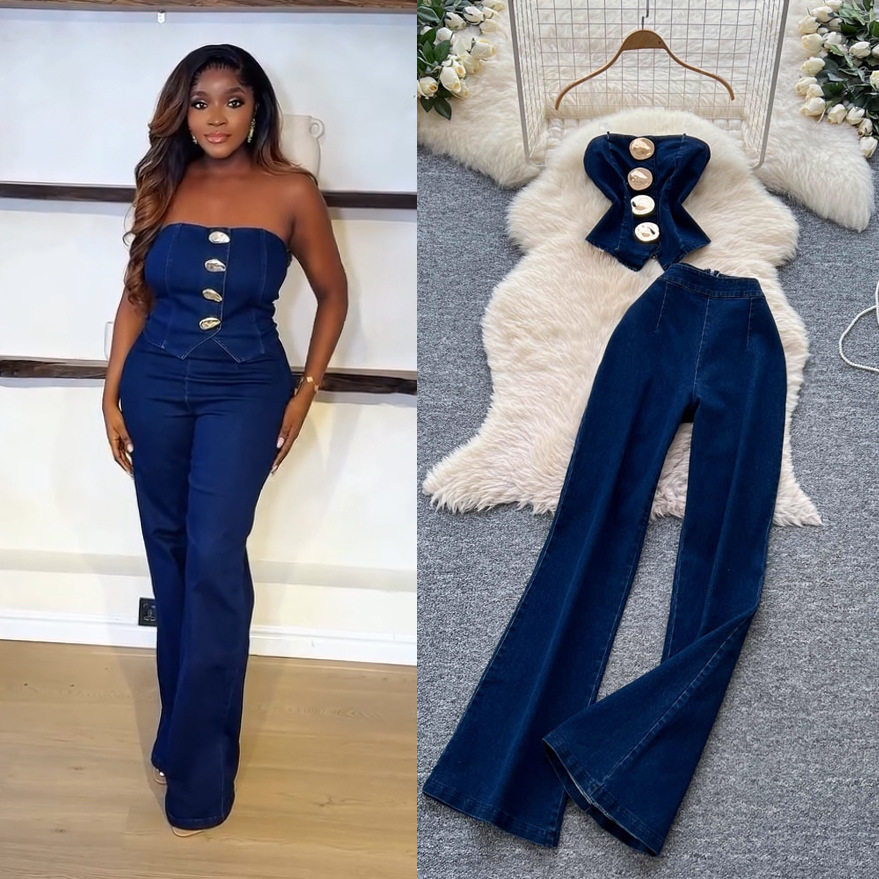 Womens Denim Set Metallic Buckle Cami Top High Waisted Slim Fit Flared Pants Trendy Casual Wear Wholesale Available