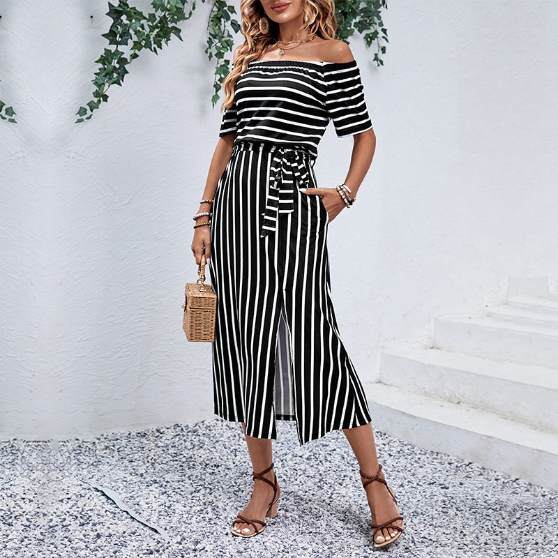 Off Shoulder Striped Summer Dress Casual Minimalist Style Comfortable Fit Perfect for Beach or Outdoor Events