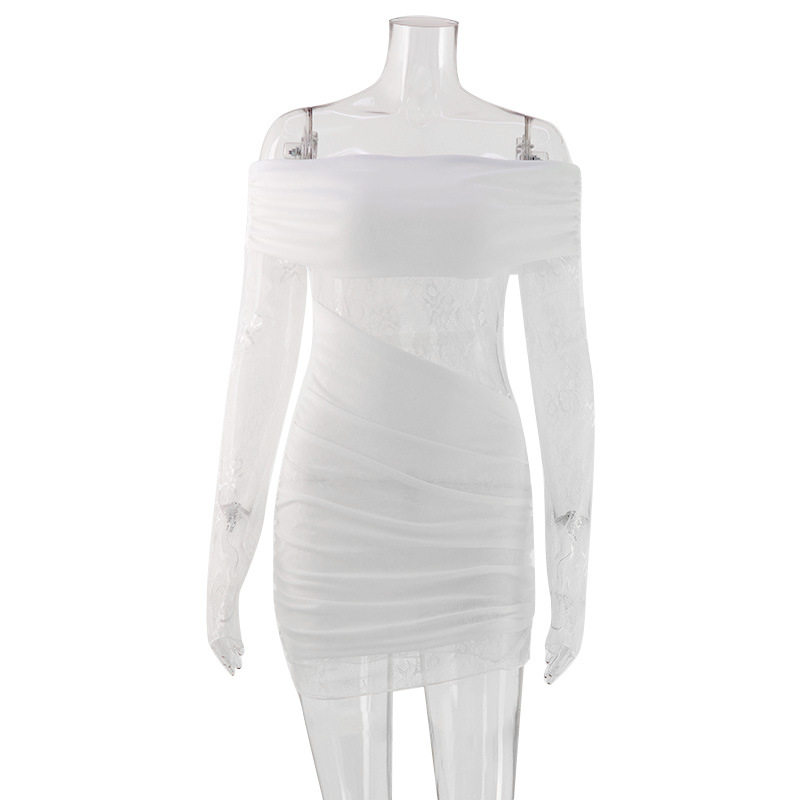 Lace Trimmed Off Shoulder Bodycon Dress Long Sleeve Pleated Design Elegant Style Perfect for Parties and Events