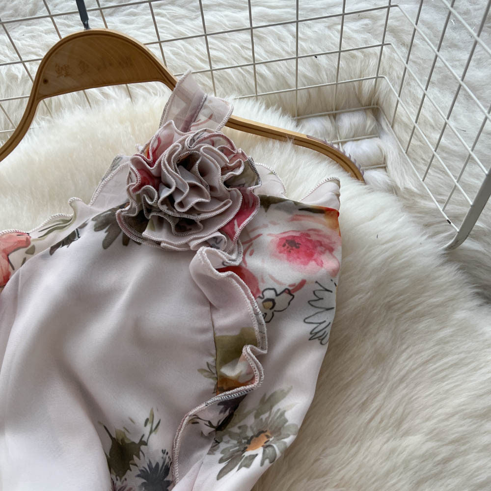 Floral Print Asymmetrical Neckline Dress 3D Flower Design Waist Defining Elegant Split Hem Perfect for Summer Events