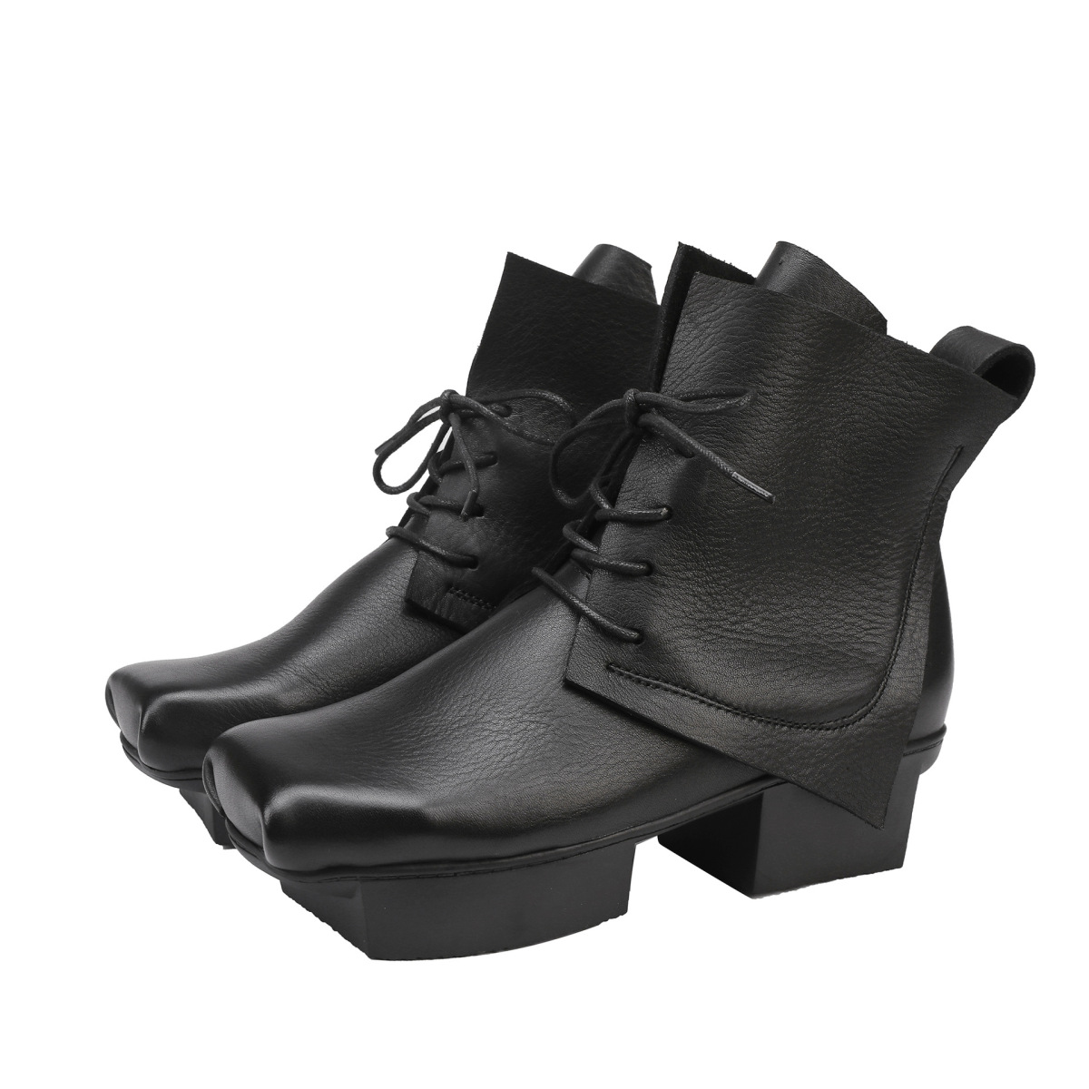 Boot nữ cổ thấp gót vuông da bò thật buộc dây phong cách cổ điển — màu đen, màu nâu
