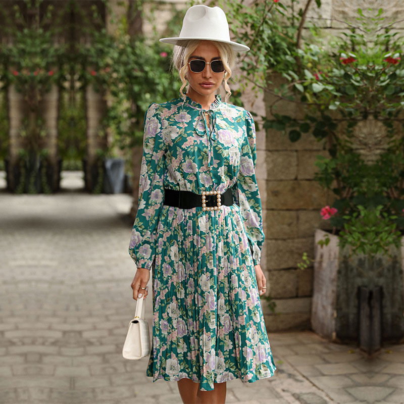 Vintage Floral Print Long Sleeve Dress Ruffled Design Round Neck Elegant Style Perfect for Casual or Formal Occasions