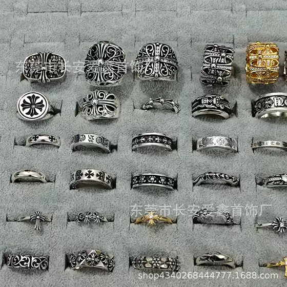 Crow's retro old rattan flower tomb cross ring hip-hop punk personality ring male and female couples all-match