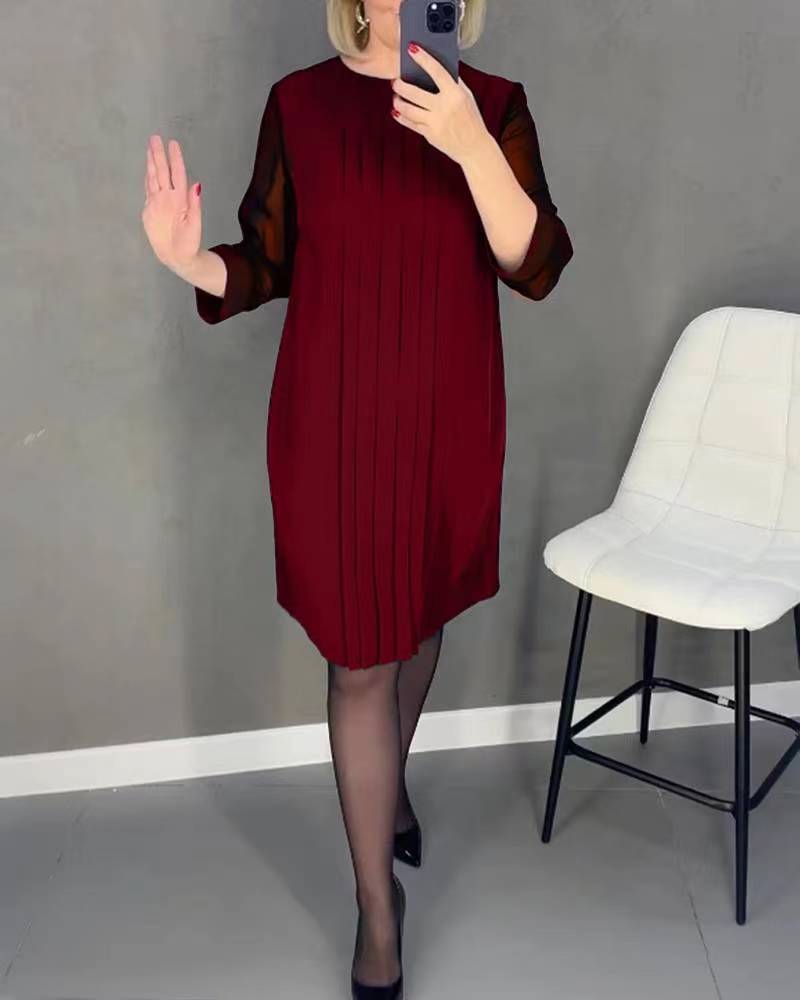 Pleated Lace Sleeve Dress Round Neck Long Sleeve Elegant Design Autumn Winter Fashion Wholesale Available