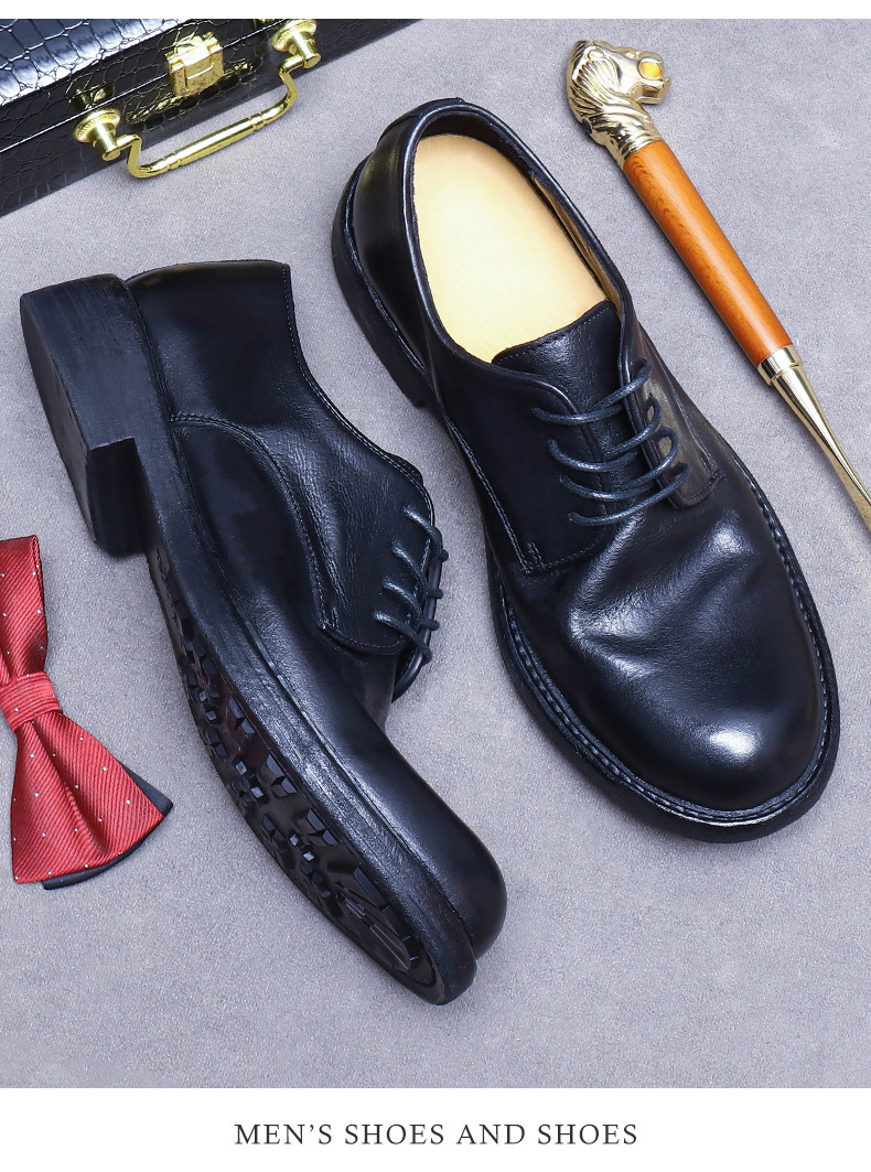 Giày Derby nam da bò thật mũi tròn đế da khâu tay Goodyear — Màu đen