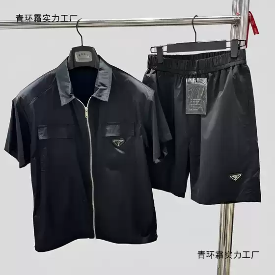 Trendy Brand Triangle Logo Casual Lapel Short-Sleeve Set for Men, Fashionable Summer New Two-Piece Set, Lightweight Breathable Trendy Shorts