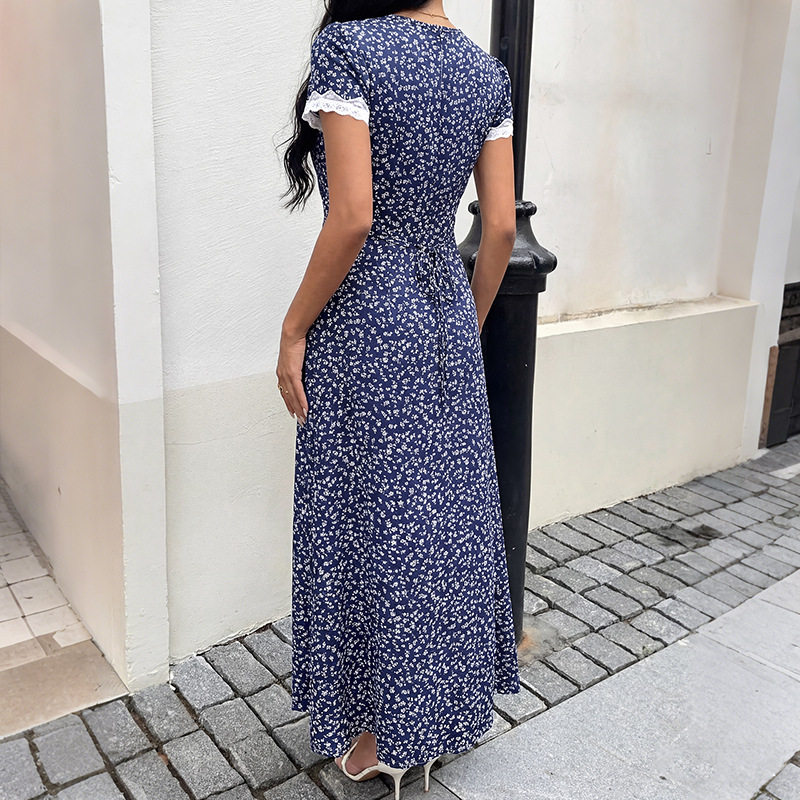 Floral Print Lace Trimmed V Neck Short Sleeve Dress Sweet Vacation Style Ideal for Summer Events Wholesale Available