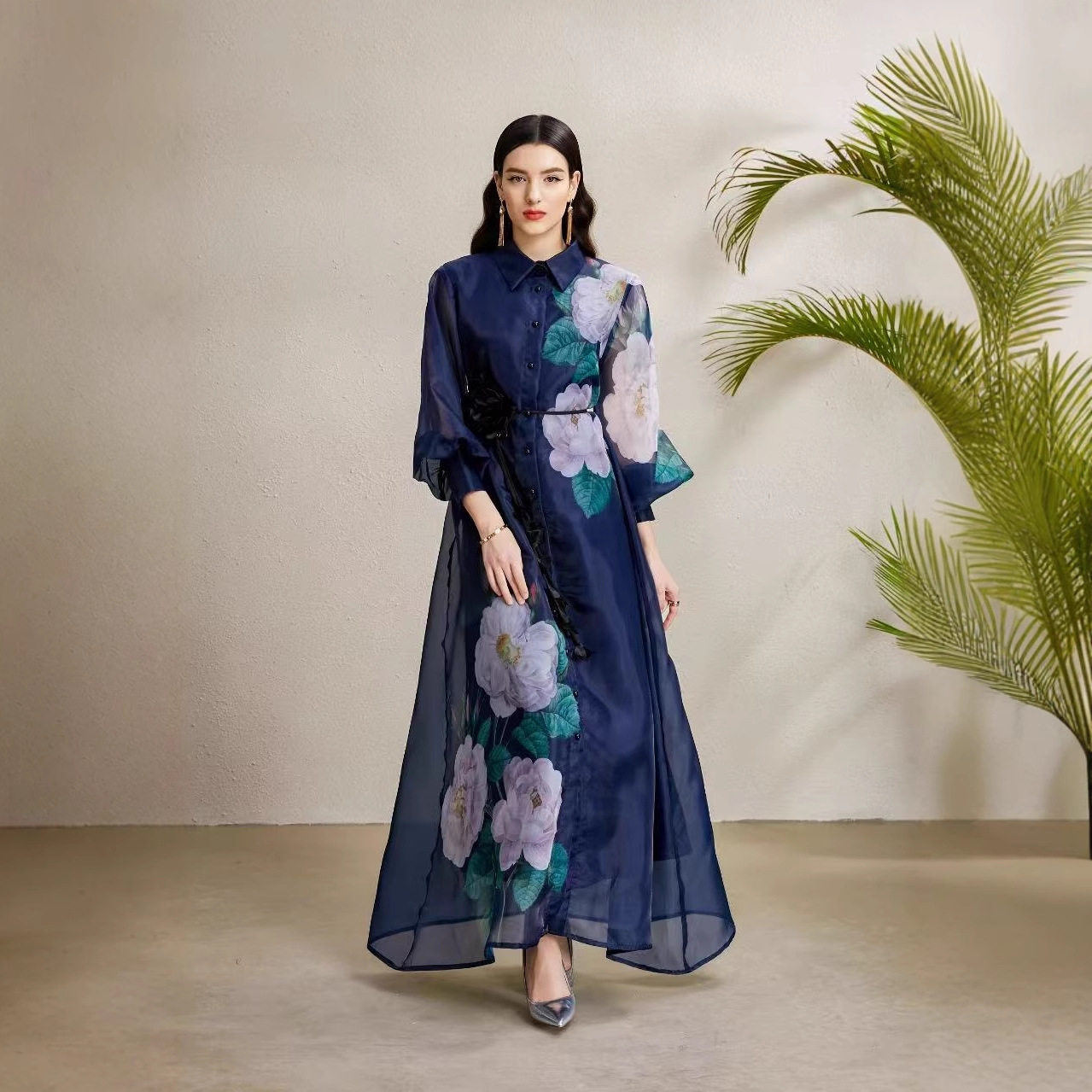 French Court Style Dress Elegant Floral Print Lantern Sleeves Waist Tie Sheer Fabric Perfect for Formal Events