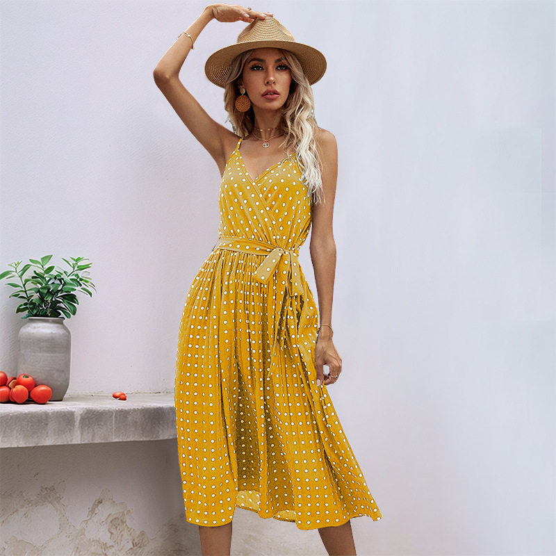 Polka Dot Midi Dress Sleeveless Tie Waist Pleated Design Casual Summer Wear Wholesale Available